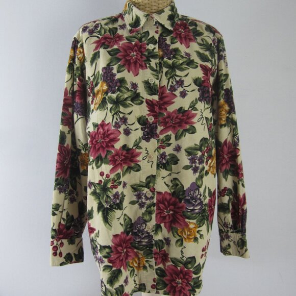 Vtg Cabin Creek Womens M Multicolor Floral LS Cotton Fine Rib Corduroy Shirt - Picture 1 of 11